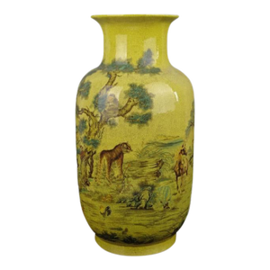 Chinese Ceramic Qing Dynasty Qianlong Marked Yellow Ground Crackle Glaze Porcelain Vase Hand Painted Twelve Chinese Zodiac Signs Pattern