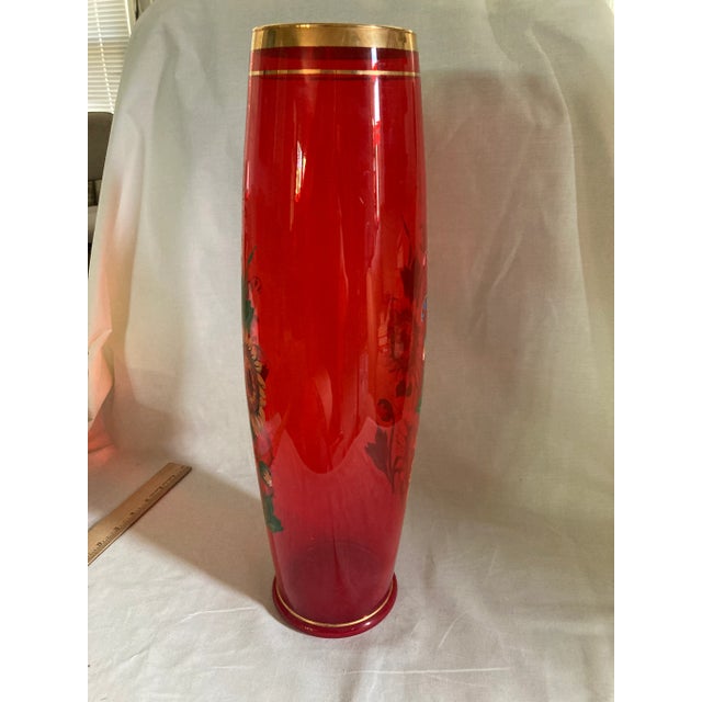 Vintage Norleans Red Hand Painted Cylinder Glass Vase Sunflower Floral Italy 22k Gold Accent For Sale - Image 10 of 13