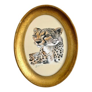 Original Hand-Painted Portrait Cheetah Painting in a Vintage Italian Oval Frame For Sale