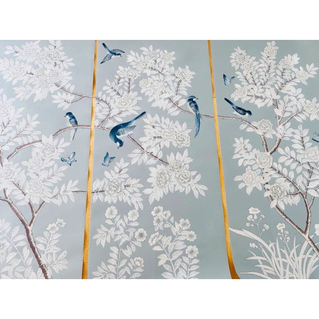 Chinoiserie Hand Painted Unframed Wallpaper Panels on Blue Silk - 3 ...