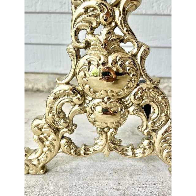 French Antique French Pair of Polished Brass Reticulated Scroll Andirons Chenets For Sale - Image 3 of 9