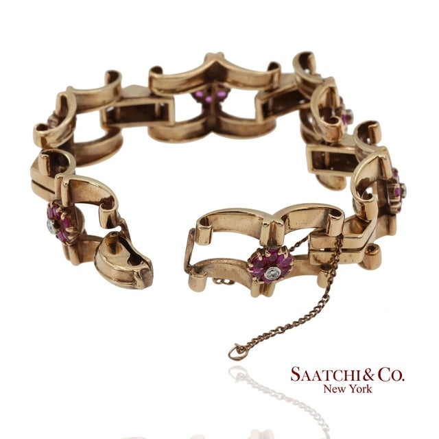 Vintage 0.15 Ct Natural Diamond and 1.20 Ct Ruby Bracelet in 14k Rose Gold For Sale - Image 4 of 12