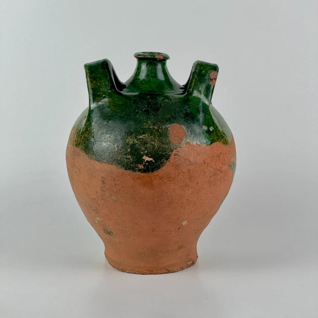 19th Century French Green Glazed Pottery Jug With Dual Handles For Sale - Image 4 of 8