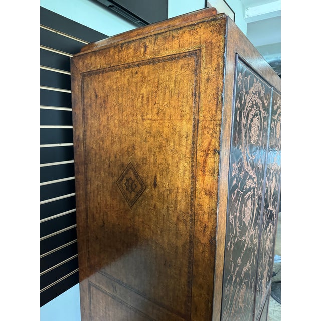 Vintage Maitland-Smith Embossed Leather & Lacquer Armoire / Bar Cabinet For Sale - Image 10 of 11