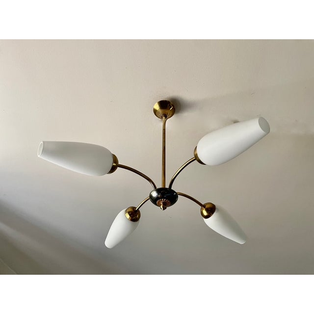 Arlus Maison chandelier from the 1950s, gilt brass frame, 4 white opaline glass shades (15 cm) in very good vintage...