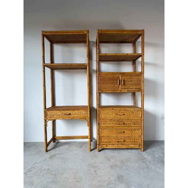 Contemporary Vintage Coastal Rattan & Bamboo Étagères – A Pair For Sale - Image 3 of 12