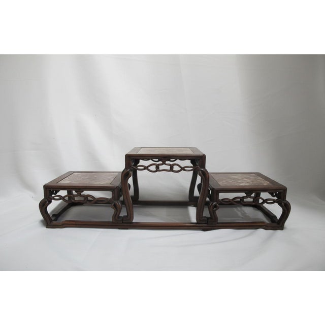 Antique Chinese Marble Inset Carved Wood 3 Step Tier Scholar Display Stand For Sale - Image 14 of 14
