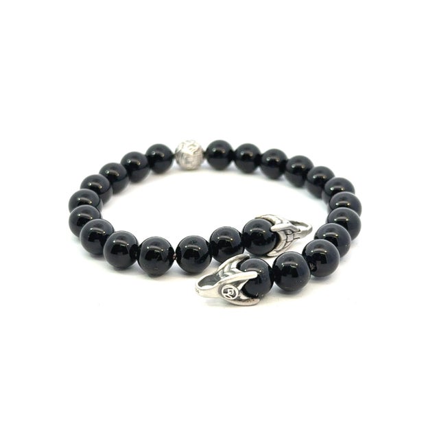 1990s David Yurman Estate Matte Onyx Carved Prayer Beads Bracelet 8.5" Silver For Sale - Image 10 of 12
