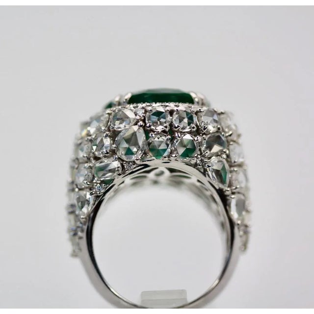 Silver Oval Emerald 12.25 Carat Diamond Surround Ring Size 8 For Sale - Image 8 of 9
