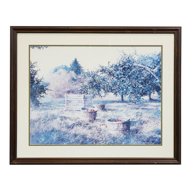 "First Picking" - Late 20th Century Print of Watercolor Painting Signed on the Bottom, Framed For Sale