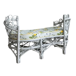 Vintage White Rattan Loveseat Tête-À-Tête with Lemon Print Upholstery, 1960s