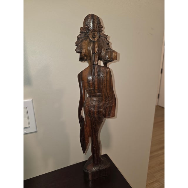 Large 18.5" Mid-Century Two-Tone Macassar Ebony Balinese Offering Maiden Sculpture For Sale - Image 4 of 12