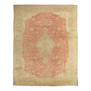 Antique Oushak Carpet, Oriental Rug, Handmade Ivory, Muted Coral, Soft Green For Sale