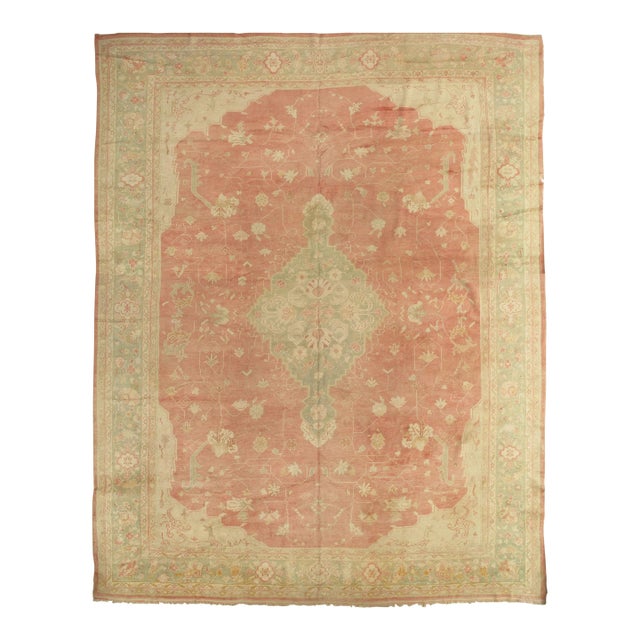 Antique Oushak Carpet, Oriental Rug, Handmade Ivory, Muted Coral, Soft Green For Sale