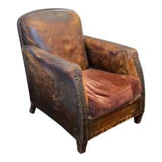 1930s French Distressed Leather and Velvet Armchair With Brass Nailhead Detail For Sale