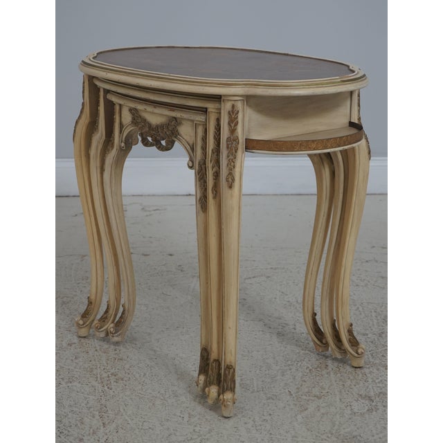 Age: C.1950s Details: Nice Carved Details Off White Painted Base w. Gold Accents Stunning Walnut Tops w. Inlay Nice...