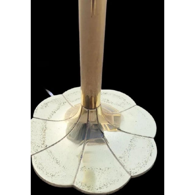 Vintage Brass Tulip Shaped Floor Lamp Etched Glass Top Table Combo by Stiffel With Pink Feather Shade For Sale - Image 12 of 13