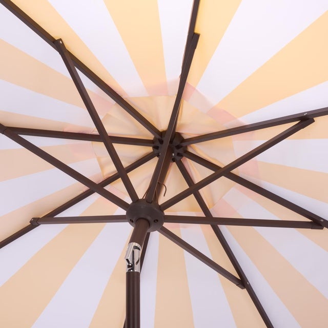 2020s Meze 9 Ft Crank Umbrella, Yellow Cabana Stripe/Brown Pole For Sale - Image 5 of 9