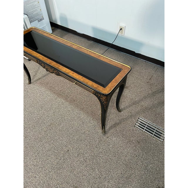 20th Century Chinoiserie Drexel Heritage Ebonized & Burl Wood Console Table For Sale - Image 11 of 13