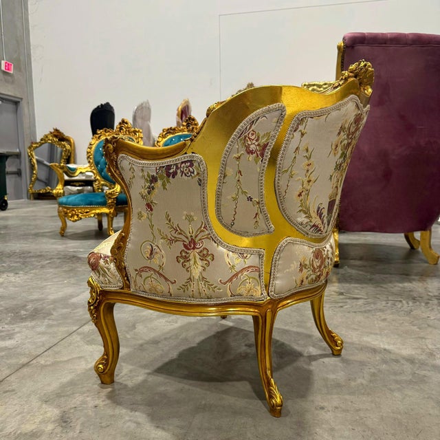 2010s French Style Beige & White Bergère Wing Chair With Gold Leaf Details For Sale - Image 5 of 6