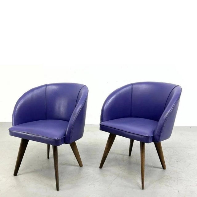 Wood Danish Modern Purple Upholstered Barrel Tub Chairs - A Pair. For Sale - Image 7 of 7