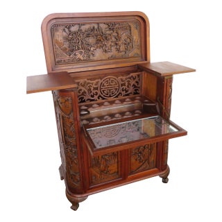 Heavy Hand Carved Solid Wood 1960s Oriental Dry Bar Cabinet 6147 For Sale