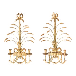 Large Mid-Century Italian Giltwood Bows & Tole Wheat Candle Scones - A Pair For Sale