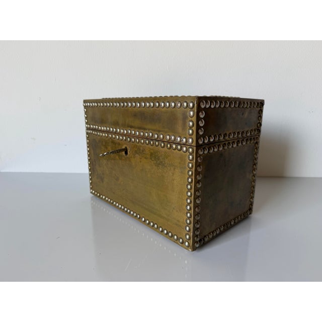 Campaign Vintage Sarreid Ltd. Style Brass Nailhead Lidded Decorative Box With Key For Sale - Image 3 of 12