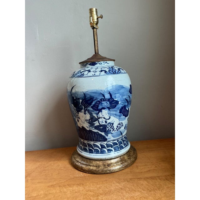 Antique Style Blue Ceramic Lamp With Wooden Base For Sale - Image 10 of 17