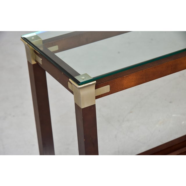 Italian Mid-Century Walnut & Brass Console Table With Glass Top For Sale - Image 4 of 13