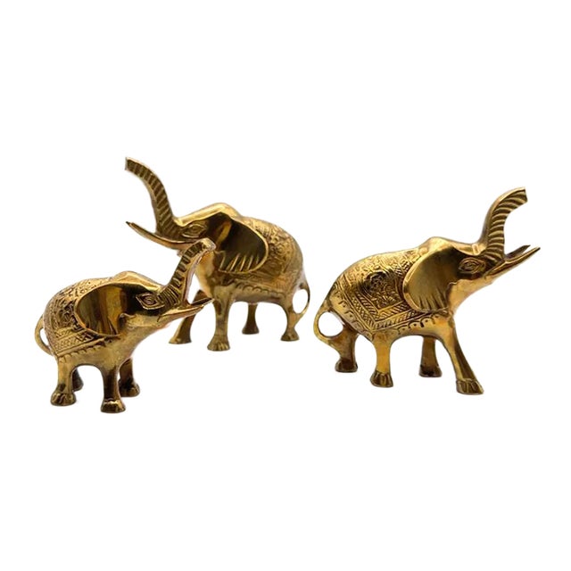 Set of Three Vintage Brass Elephant Figurines Lucky Trunks Up Made in India For Sale