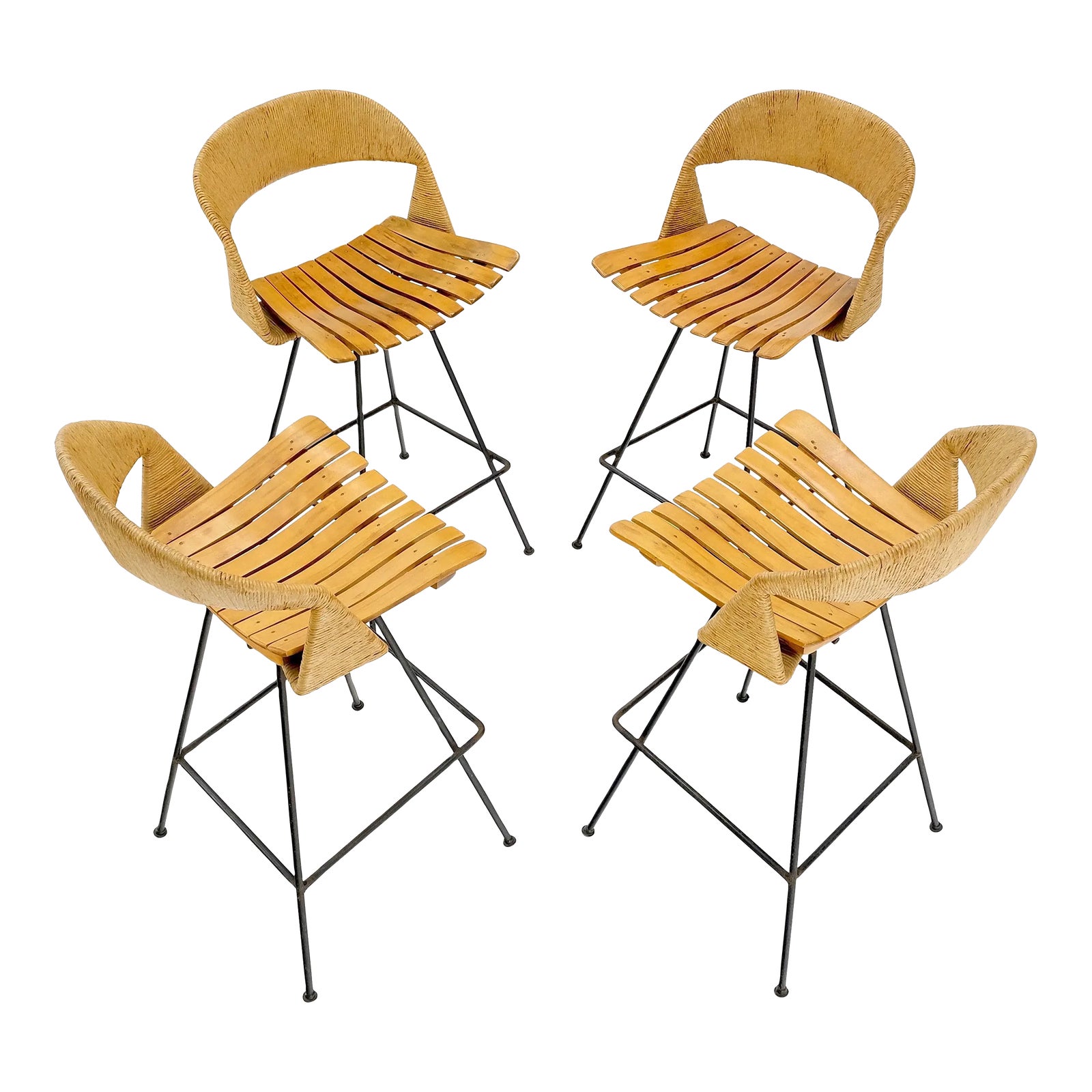 Arthur Umanoff Rush Seat Wire Bases Bar Stools circa 1970s - Set of 4 ...