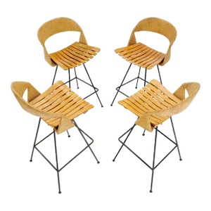 Arthur Umanoff Rush Seat Wire Bases Bar Stools circa 1970s - Set of 4