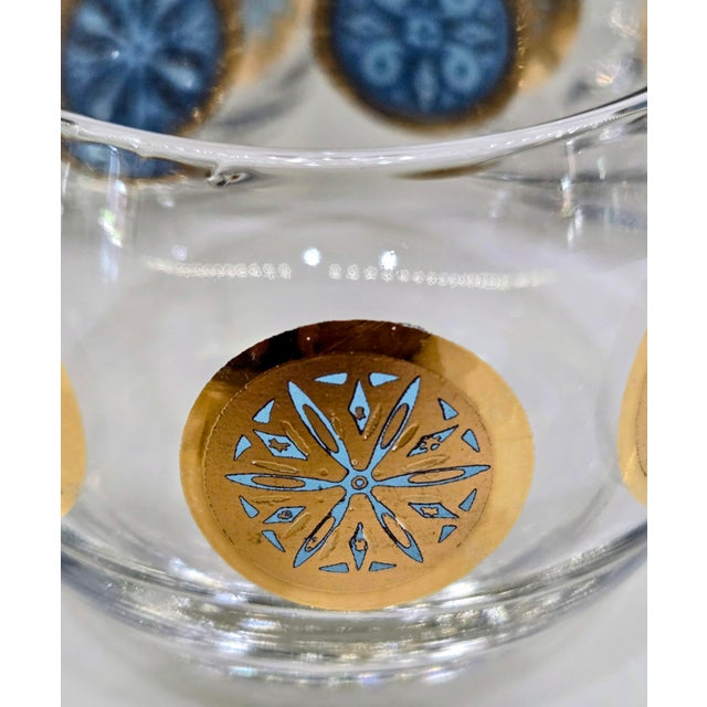 Mid 20th Century Mid-Century Modern Turquoise & Gold Medallion Roly Poly Cocktail Glasses, Attributed to Culver – Set of 7 For Sale In Dallas - Image 6 of 8