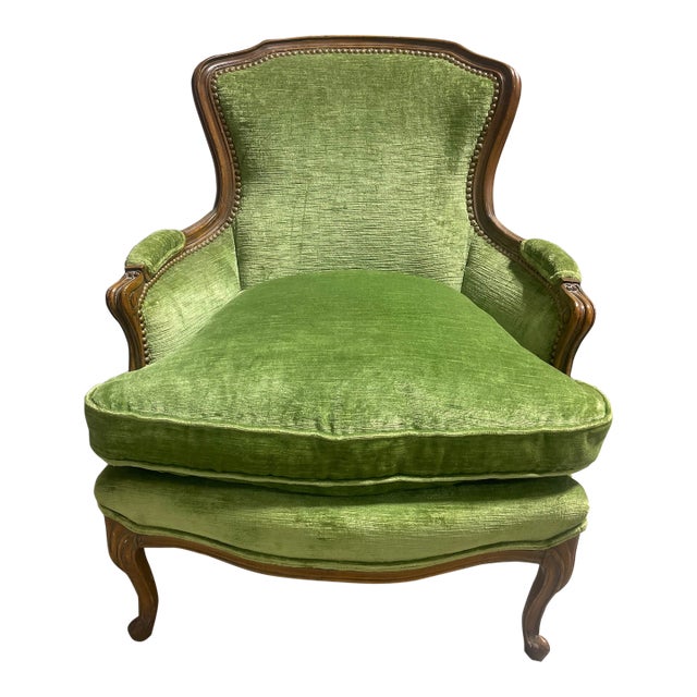 Mid 20th Century Green Velvet Bergere Chair For Sale