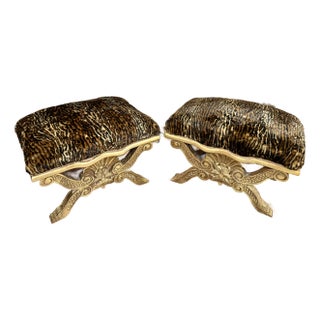 1990s Pair of Neoclassical-Style Faux Leopard Covered Gilt-Wood Benches, 2 Pieces For Sale