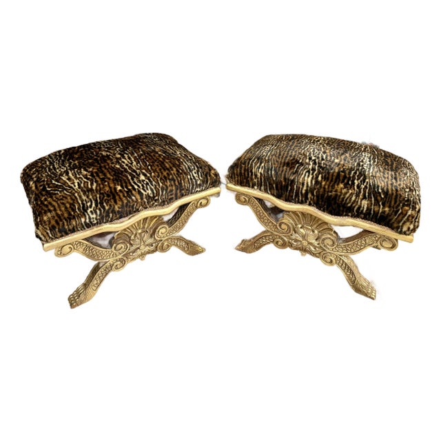 1990s Pair of Neoclassical-Style Faux Leopard Covered Gilt-Wood Benches, 2 Pieces For Sale