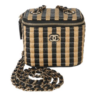 Black Beige Raffia Jute Striped Mini Vanity Case With Chain For Sale