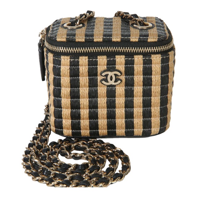 Black Beige Raffia Jute Striped Mini Vanity Case With Chain For Sale