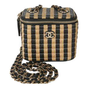 Black Beige Raffia Jute Striped Mini Vanity Case With Chain