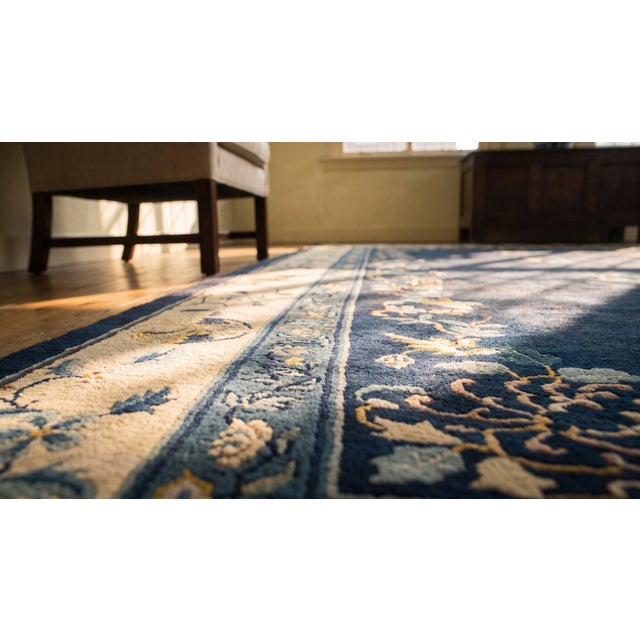 Spectacular Navy Background Color With Striking Floral Design Antique Chinese Peking Rug For Sale - Image 10 of 11