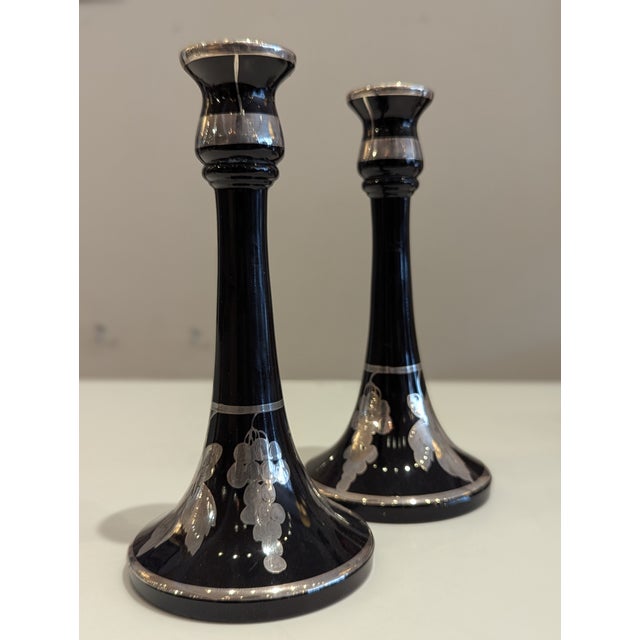 Black Glass Candlesticks For Sale - Image 4 of 5