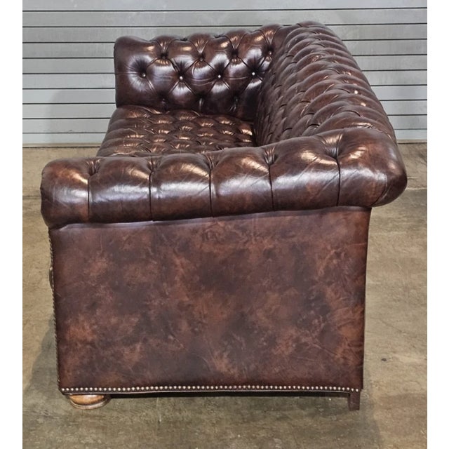 Late 20th Century Classic Chesterfield Brown Top Grain Leather Tufted Leather Sofa Nail Head Trim For Sale - Image 10 of 11