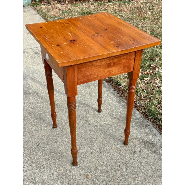 Early 19th Century Early American Sheraton Work Pine Table With Ceramic Knob For Sale - Image 6 of 12