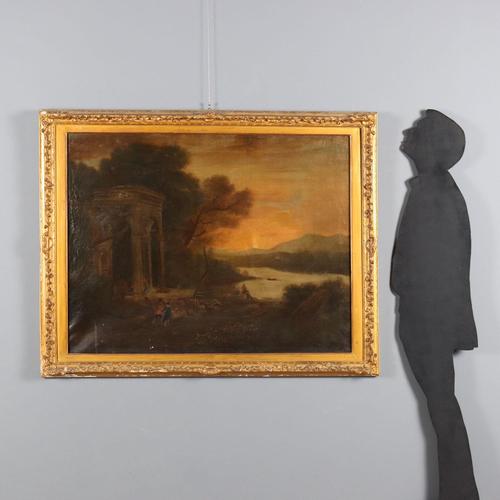 Oil on canvas. A large, scenic landscape imbued with a romantic atmosphere due to its sunset setting. On the left is an...