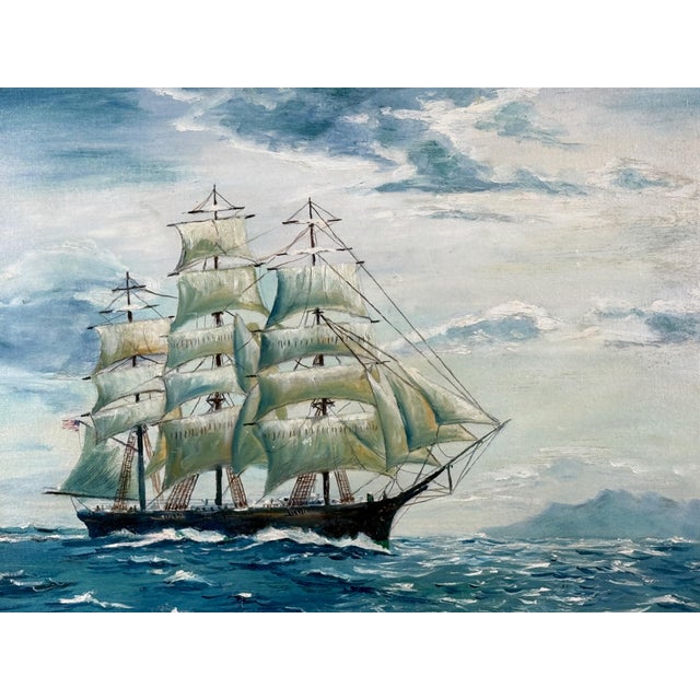 Vintage nautical oil painting depicting a tall ship under full sail at sea, signed lower right M. J. Costello (b.1957),...