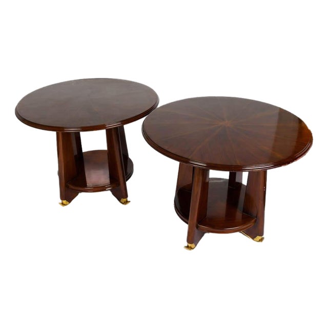 Pair of French Art Deco Style Round Mahogany Side Tables With Lower Shelves For Sale