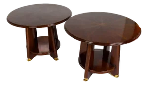 Pair of French Art Deco Style Round Mahogany Side Tables With Lower Shelves
