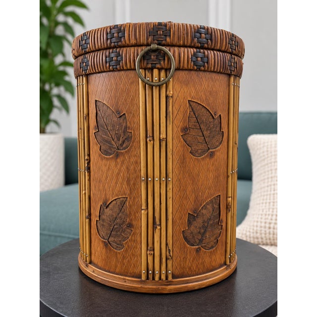Vintage Bamboo Rattan Wood Storage Chest Brass Accents Woven Basket With Lid 16” For Sale - Image 4 of 7