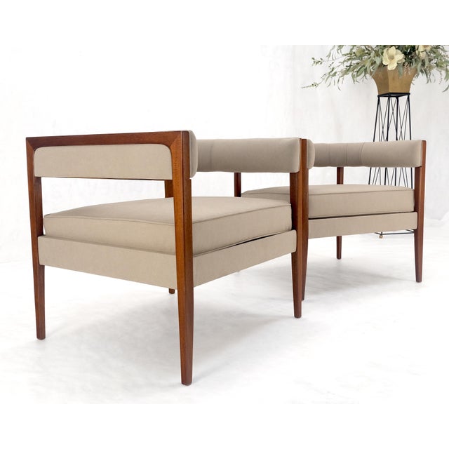 Pair New Alcantera Upholstery Walnut Cube Shape Barrel Back Lounge Chairs MINT! For Sale - Image 10 of 13